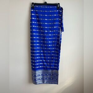 Vtg ThaiSilk Finished Wrap Skirt Elephants Blue Gold Thailand 50” X 38”